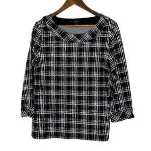 Talbots Sabrina Black Plaid 3/4 Sleeve Round Neck Pullover Sweater Size Large